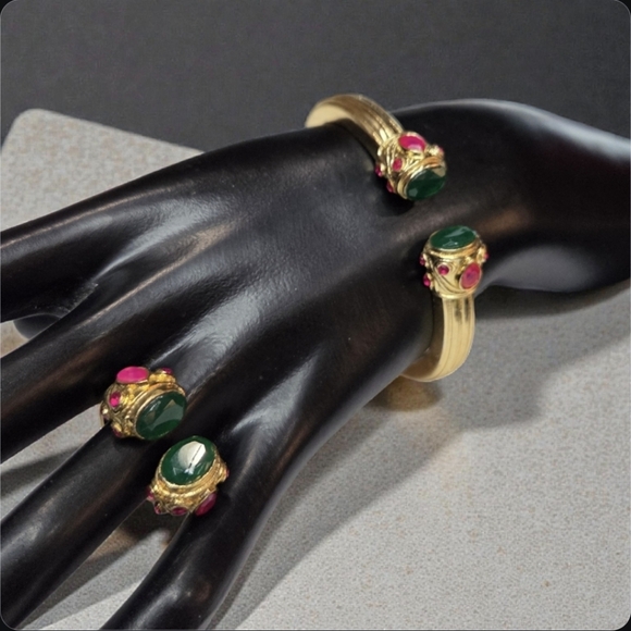 18k Gold Plated Chunky Green Onyx Pink Chalcedony Byzantine Ring - Picture 6 of 7